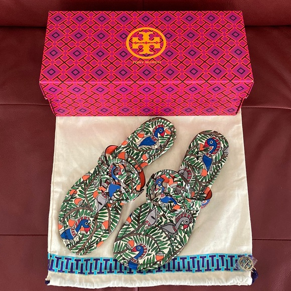 Tory Burch Women's Miller Printed Patent Leather Orange Something Wild Sandals - Picture 2 of 13